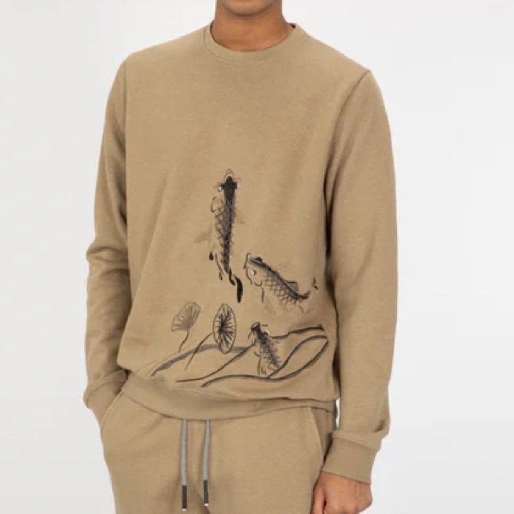 MENS Ravelheart Blind Rooster Beige Koi Fish Asian Embroidered Sweatshirt SZ XL